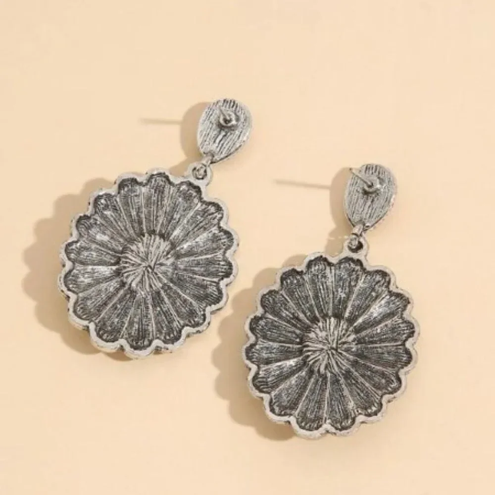 WESTERN SILVER RED TURQUOISE CONCHO SANTA FE STYLE DANGLE EARRINGS